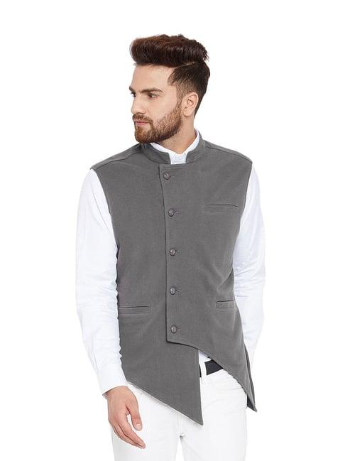 hypernation grey solid slim fit sleeveless waistcoat