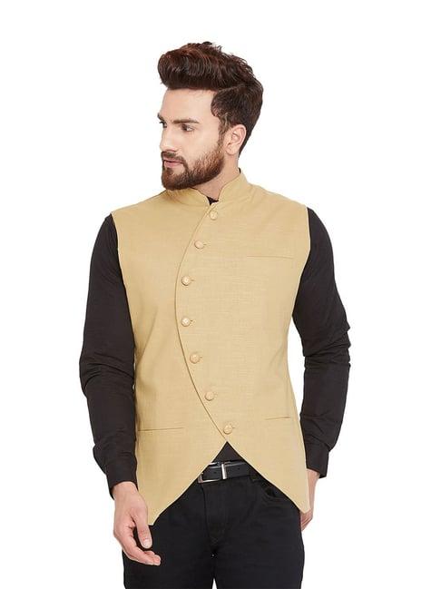 hypernation khaki slim fit sleeveless solid waistcoat