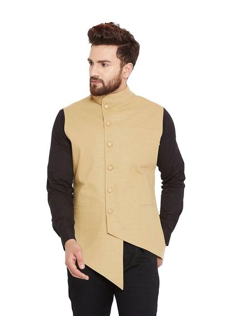 hypernation khaki slim fit solid sleeveless waistcoat