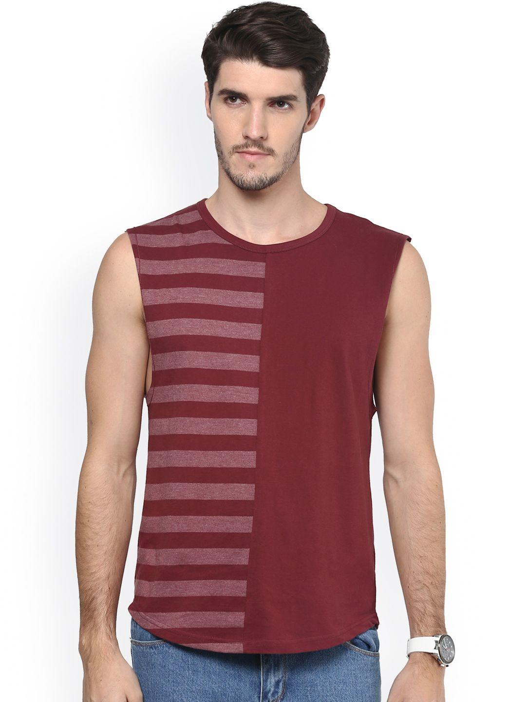 hypernation maroon striped sleeveless pure cotton t-shirt