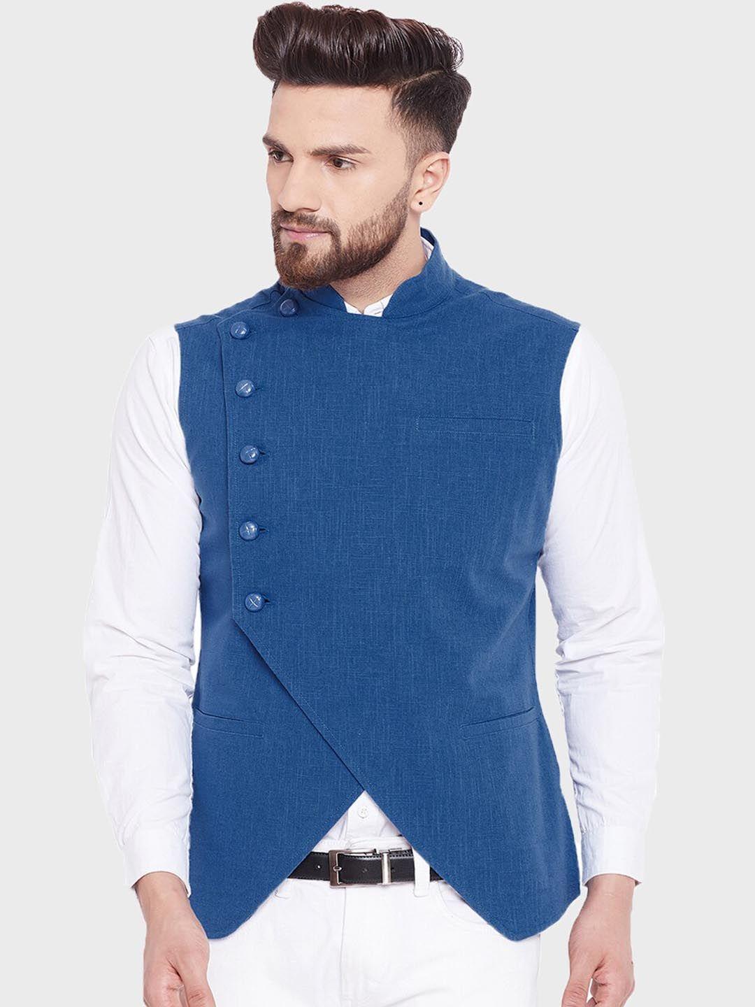 hypernation men blue solid cotton nehru jacket