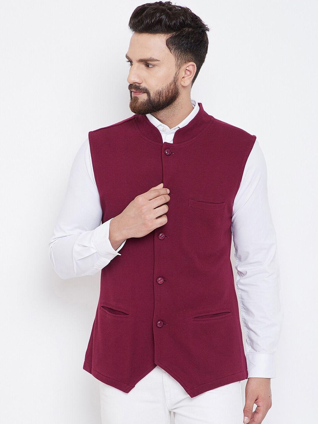 hypernation men maroon solid pure cotton knitted waistcoat
