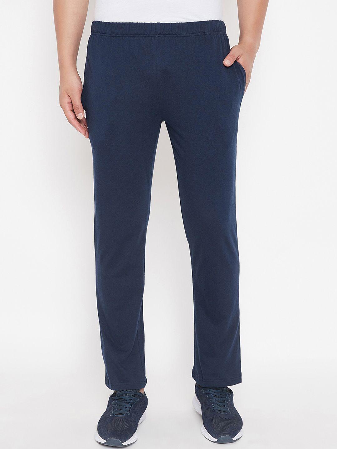 hypernation men navy blue regular fit solid regular trousers