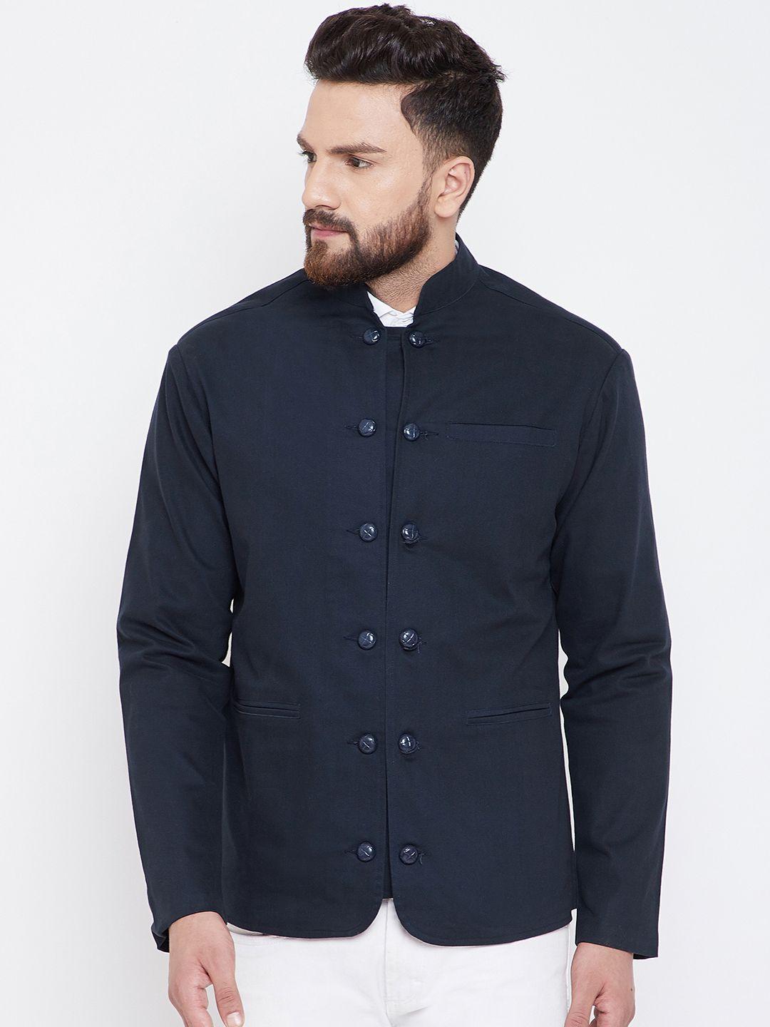 hypernation men navy blue solid casual bandhgala