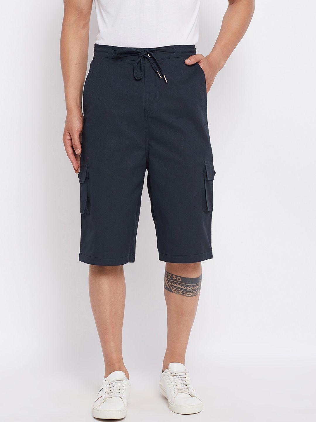 hypernation men navy blue solid cotton shorts