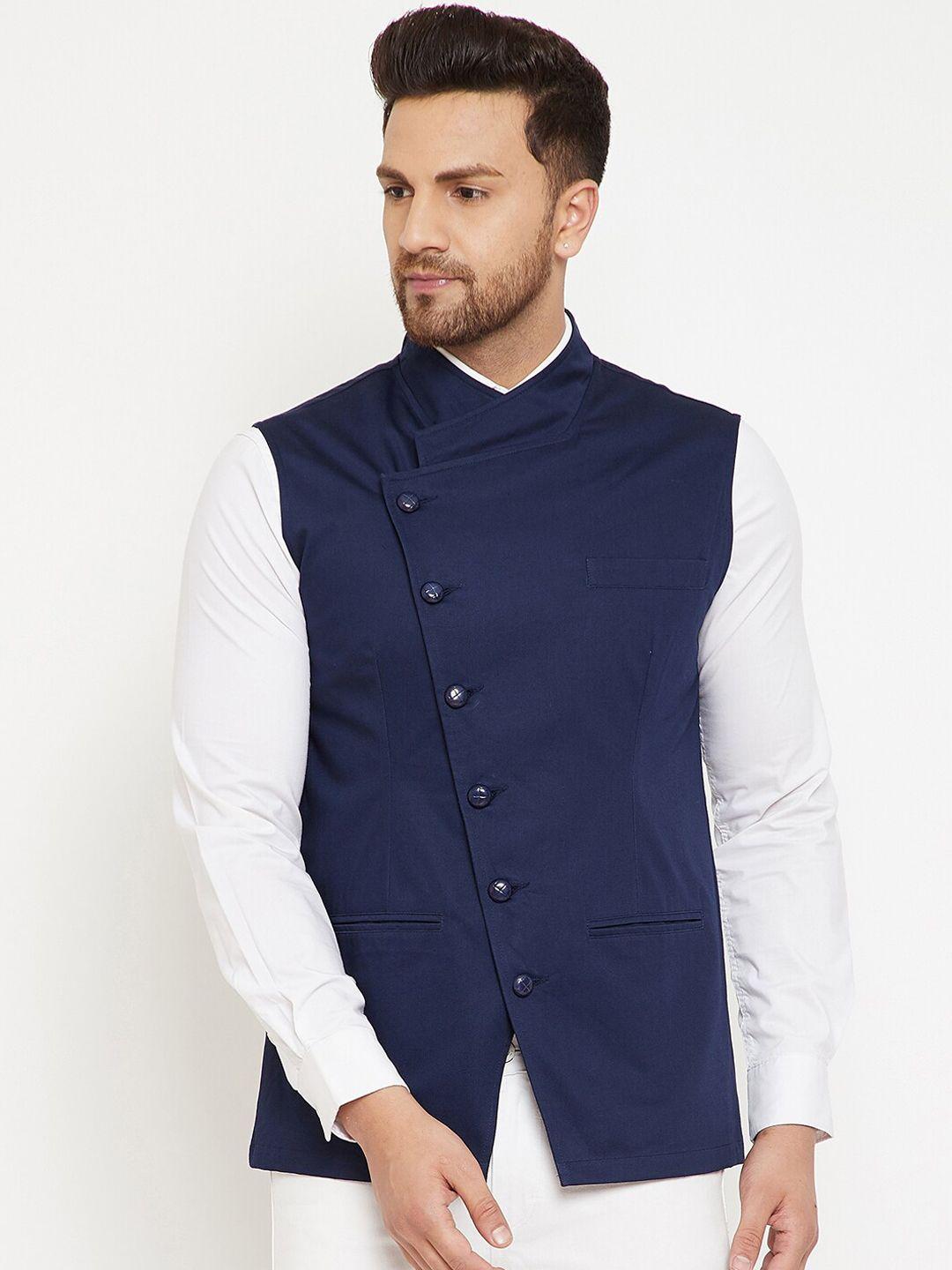 hypernation men navy blue solid waistcoat