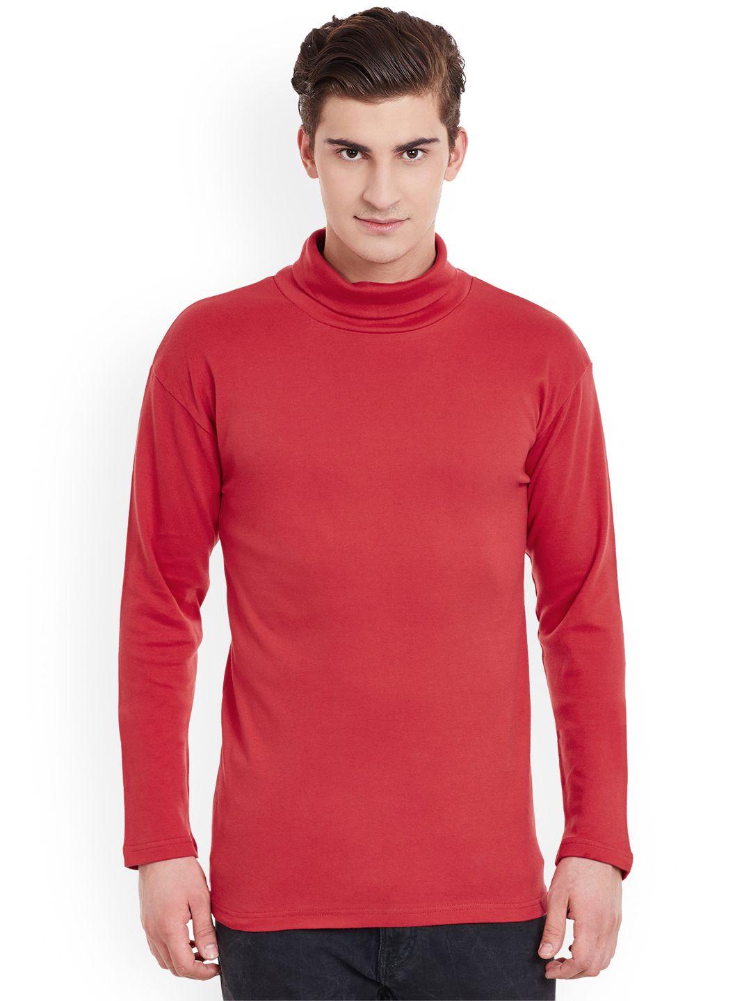 hypernation men red solid high neck pure cotton t-shirt