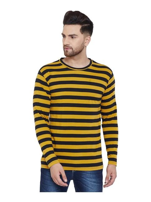 hypernation mustard & black cotton regular fit striped t-shirt