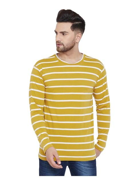 hypernation mustard & white cotton regular fit striped t-shirt