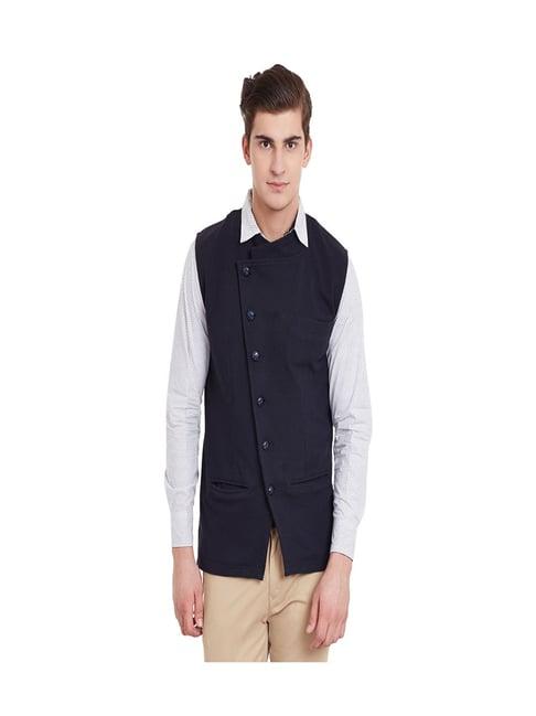 hypernation navy blue slim fit cotton waistcoat