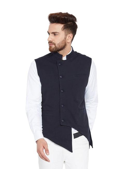 hypernation navy cotton slim fit waistcoat