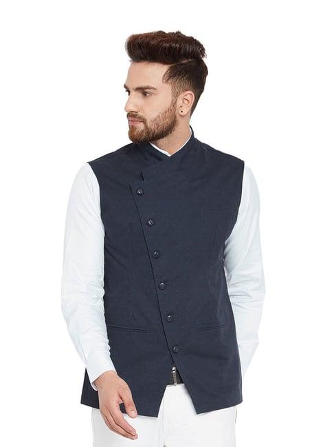 hypernation navy sleeveless cotton slim fit waistcoat