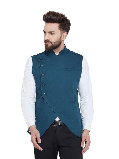 hypernation teal blue mandarin collar cotton waistcoat