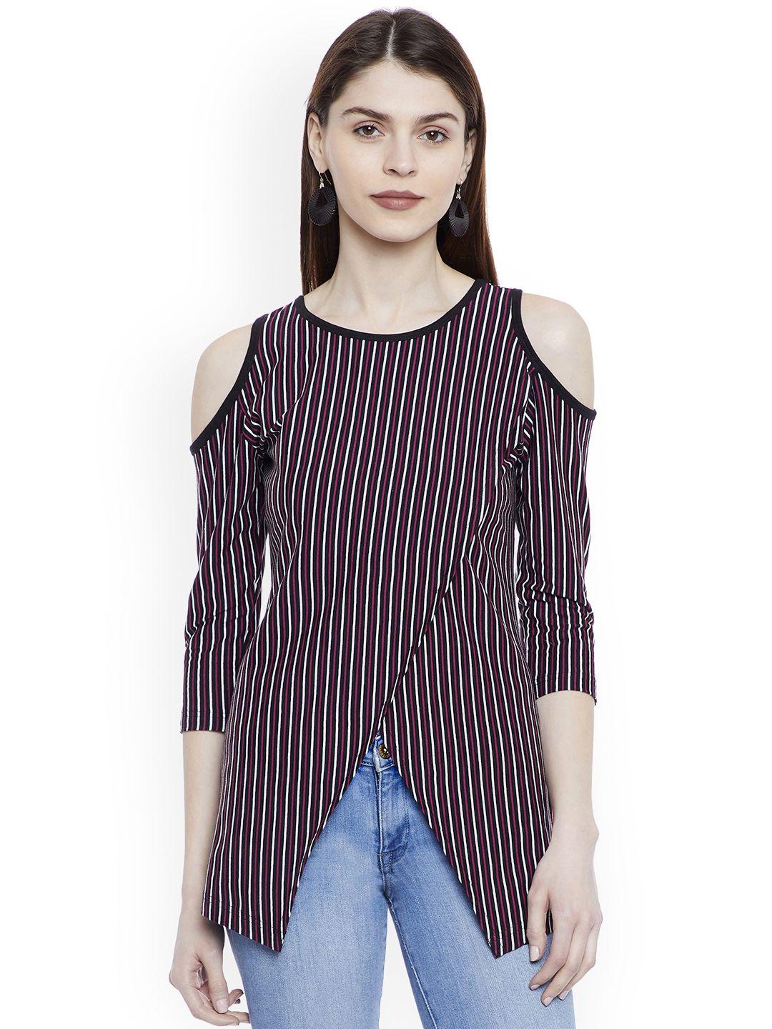 hypernation women black & white striped cold shoulder top