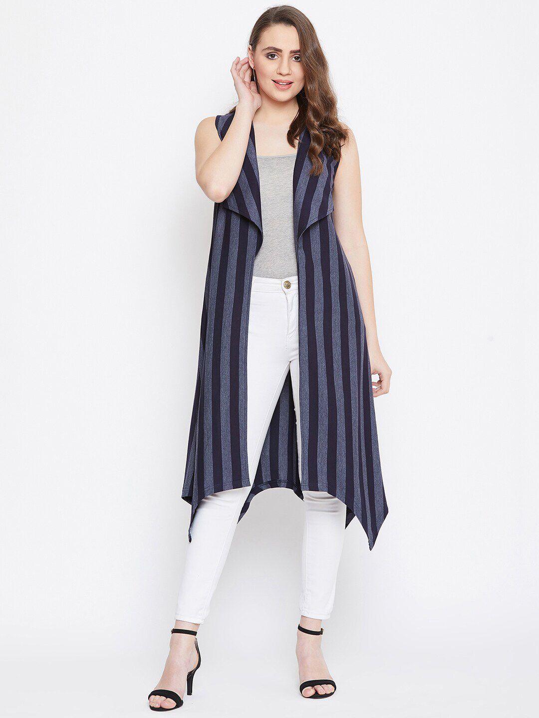 hypernation women blue & grey striped cotton blend longline shrug