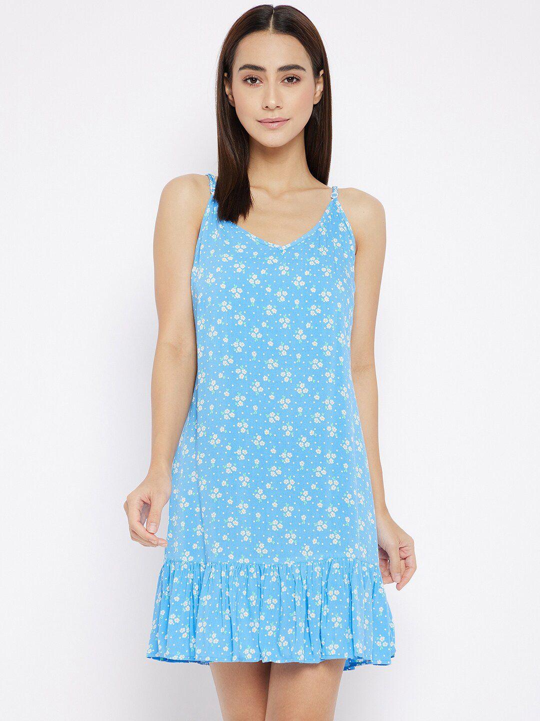 hypernation women blue & white floral printed rayon flared mini night dress