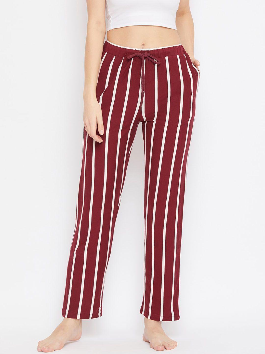 hypernation women maroon & off white striped cotton lounge pants