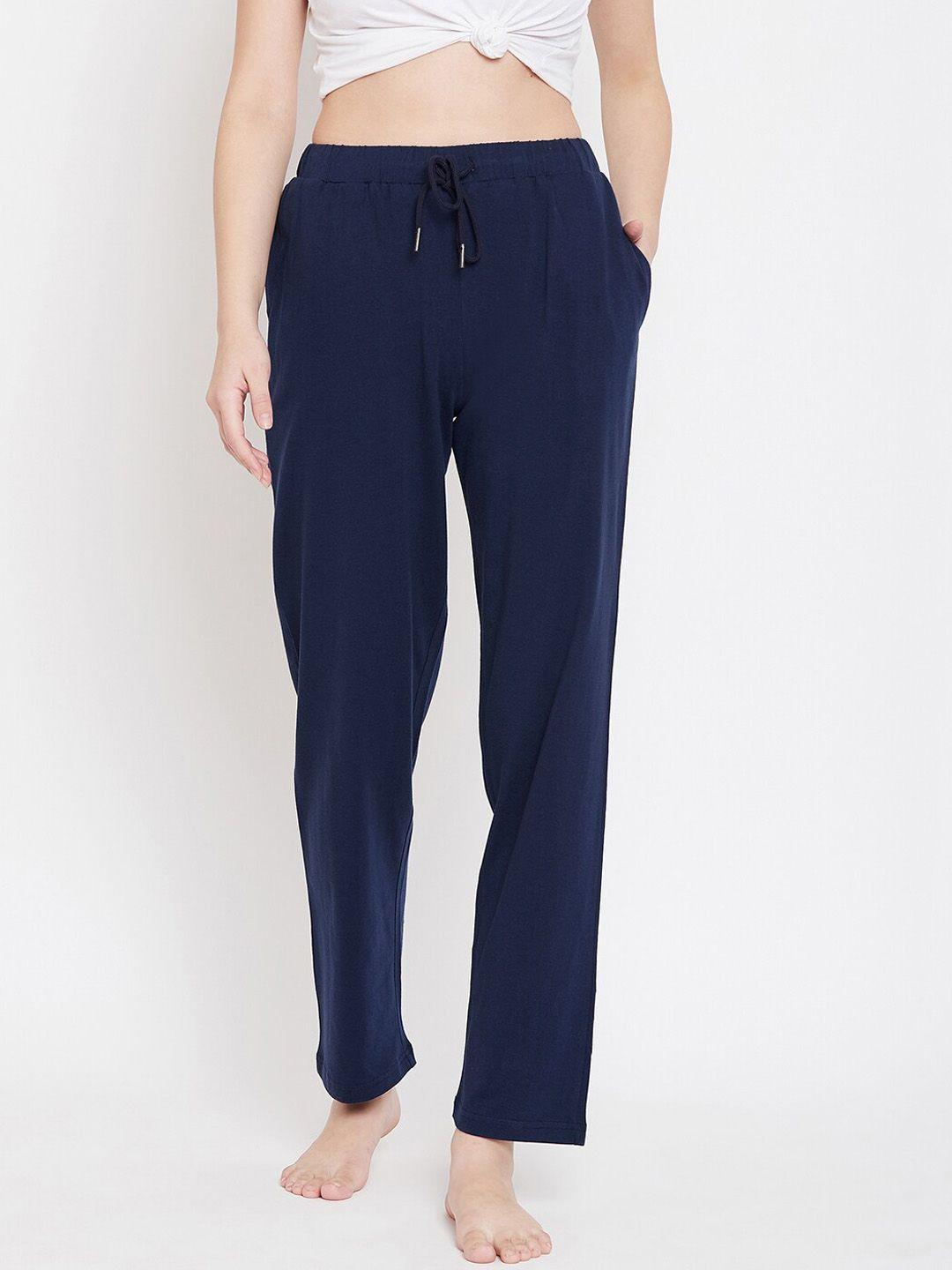 hypernation women navy blue solid lounge pants