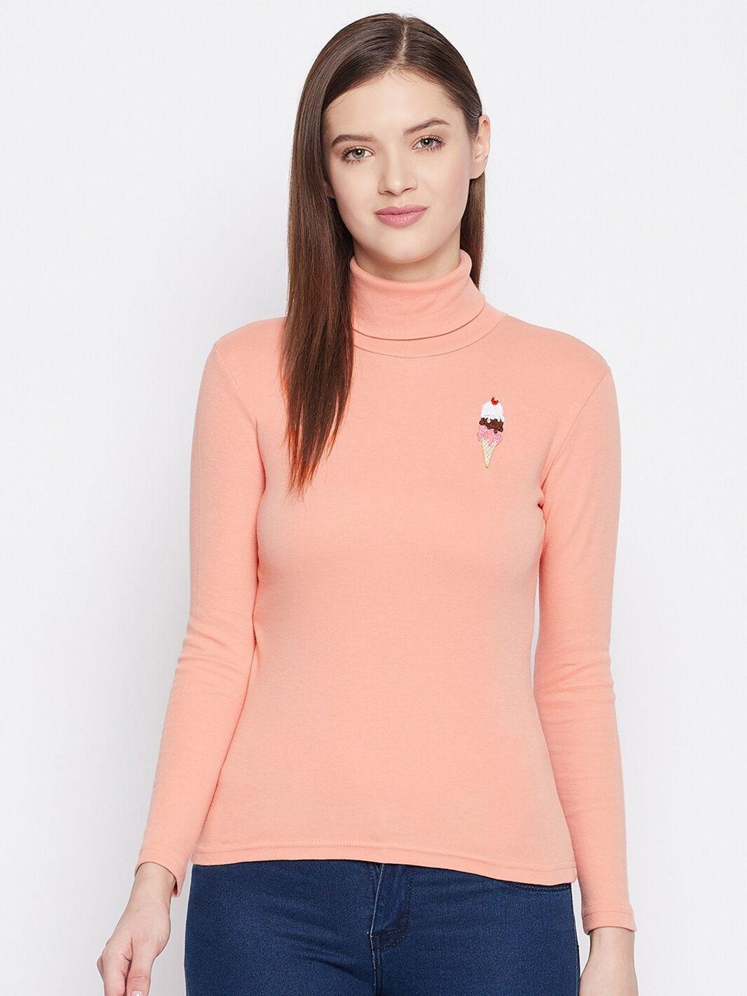 hypernation women peach-coloured high neck slim fit t-shirt