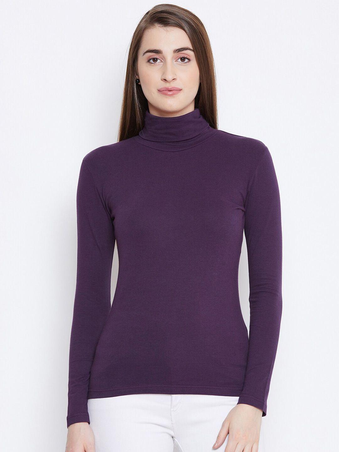 hypernation women purple high neck slim fit t-shirt