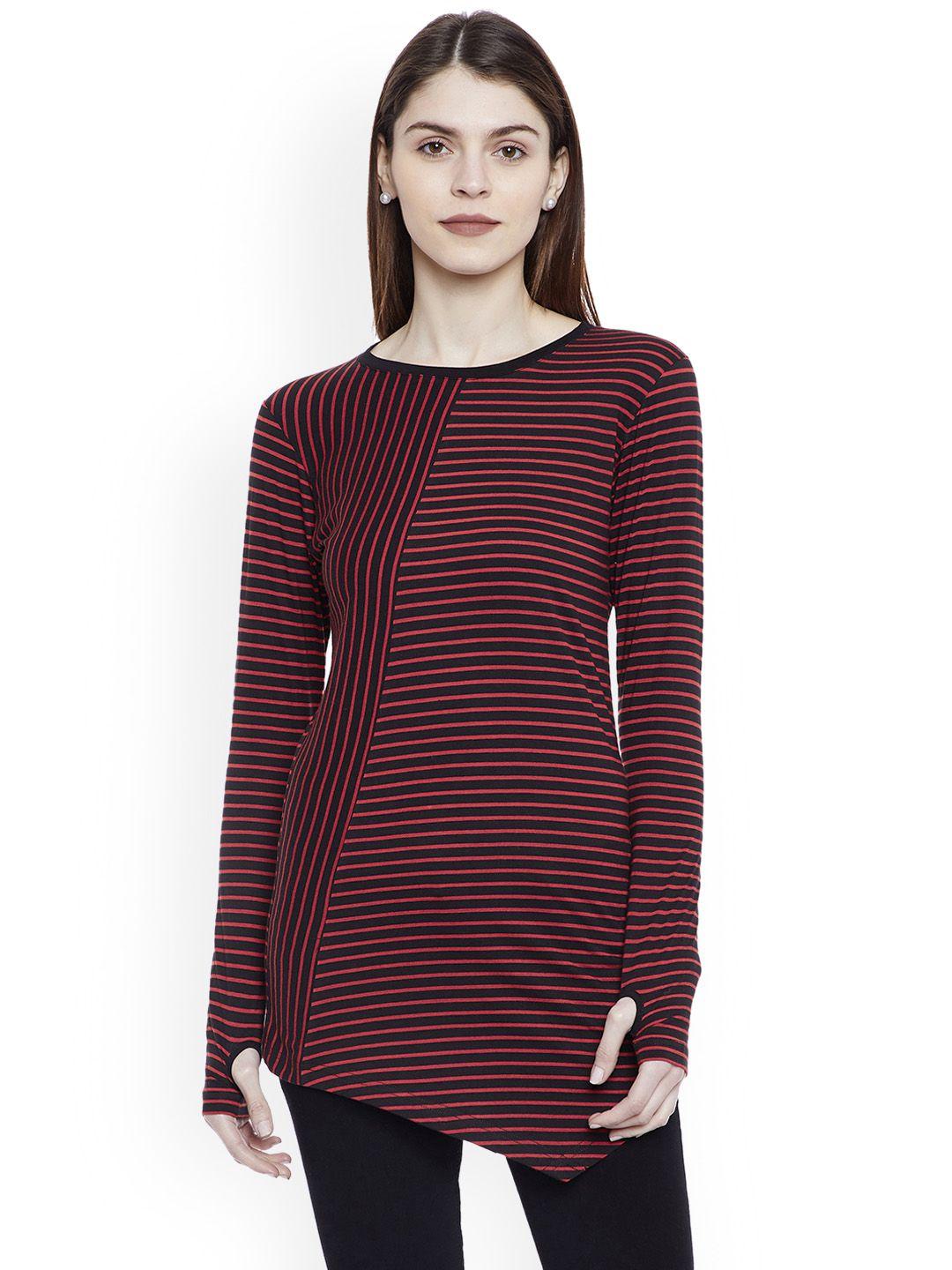 hypernation women red & black striped round neck slim fit t-shirt