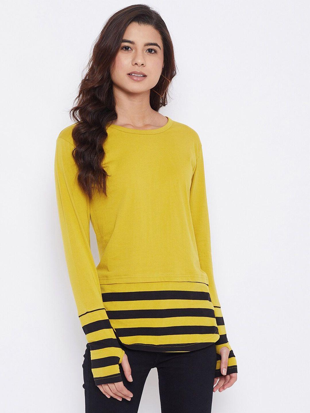 hypernation women yellow & black striped pure cotton t-shirt