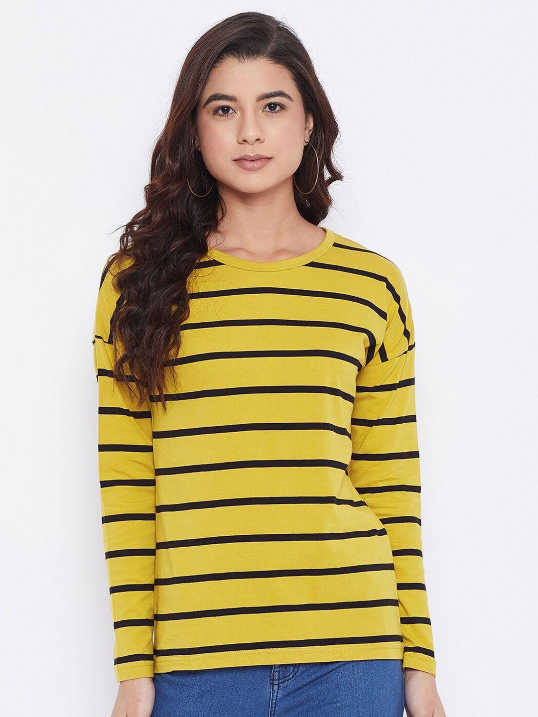 hypernation women yellow & black striped slim fit cotton t-shirt