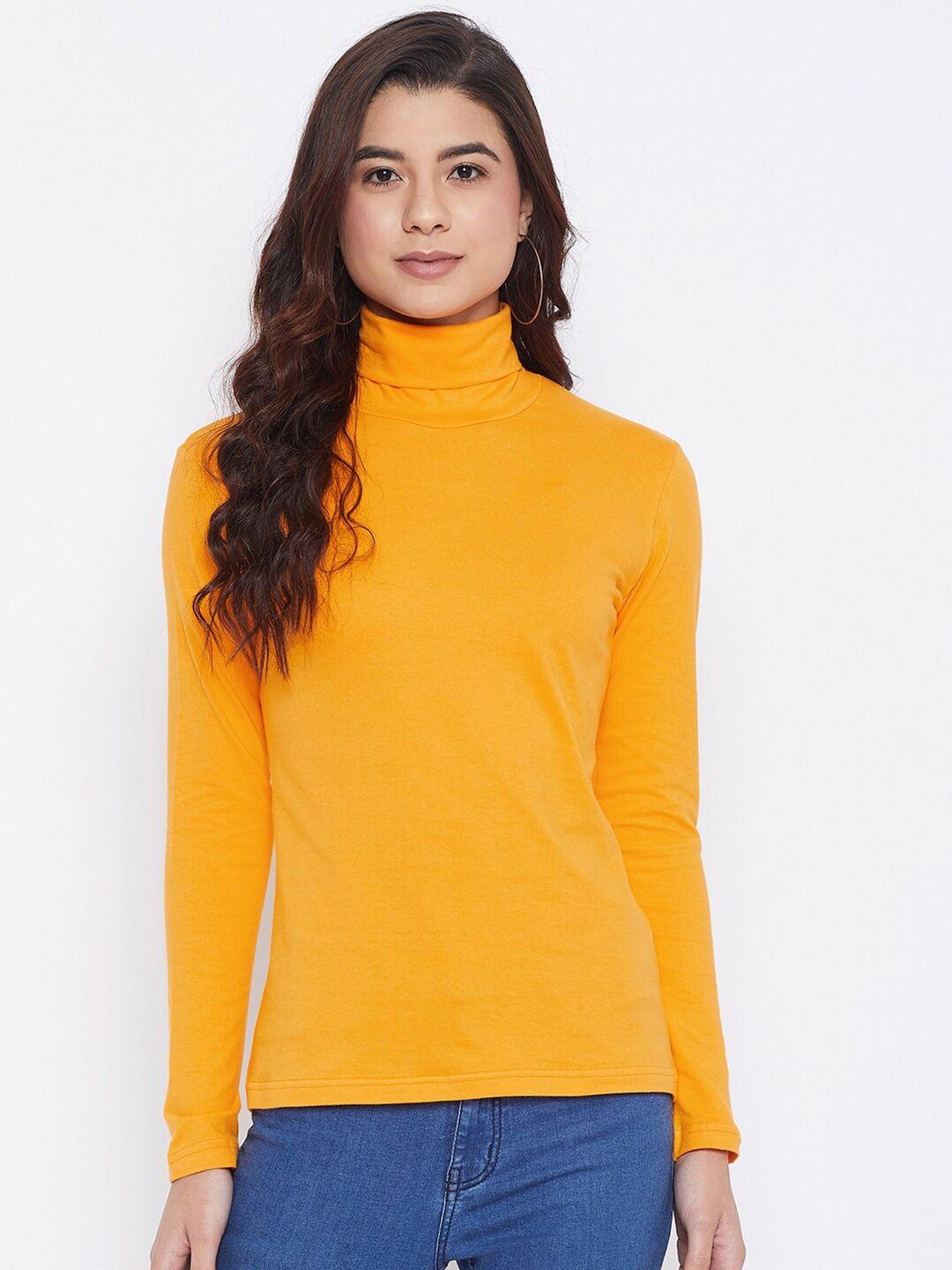 hypernation women yellow high neck slim fit pure cotton t-shirt