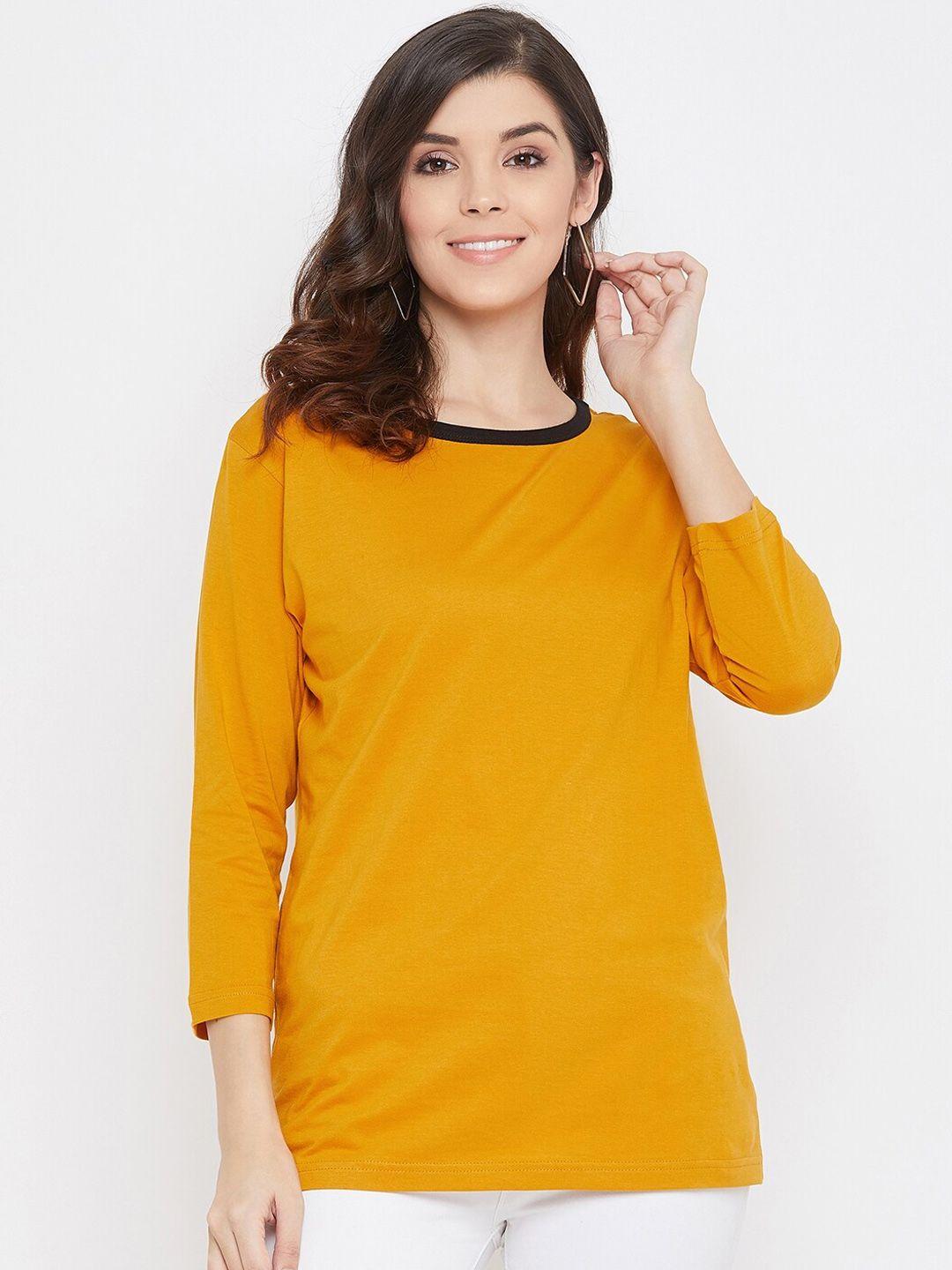 hypernation women yellow solid round neck pure cotton t-shirt