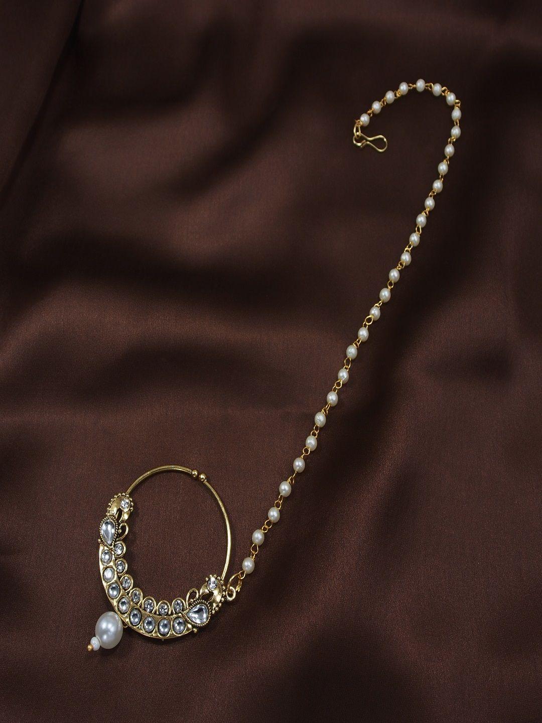 i jewels gold plated & white pearl studded & beaded chained nosepin