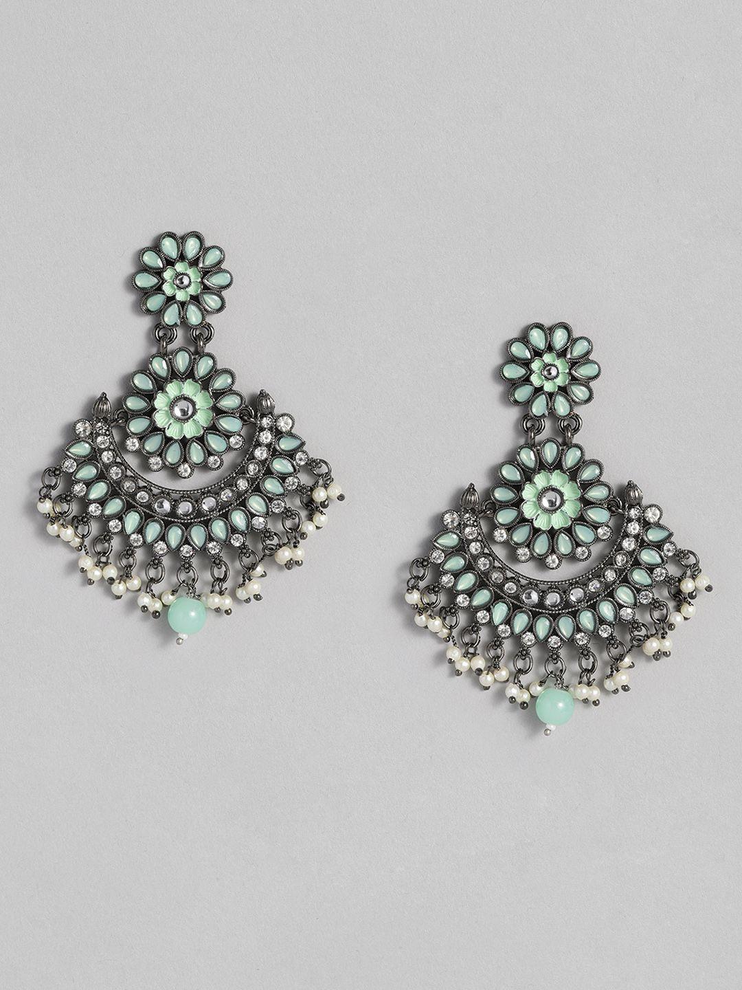 i jewels green & white oxidized silver plated kundan & stone studded chandbali