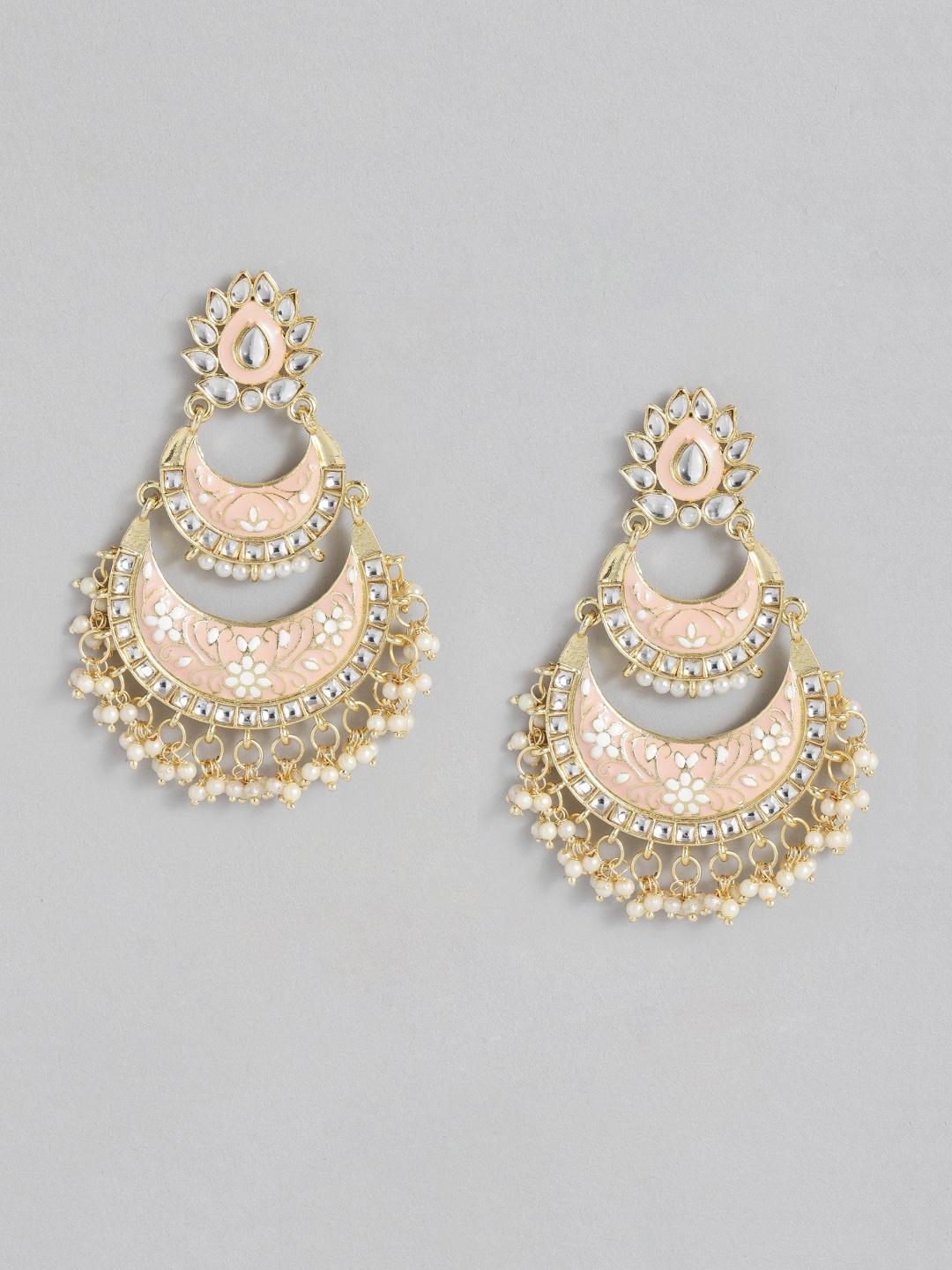 i jewels peach & white gold plated kundan & stone studded chandbali