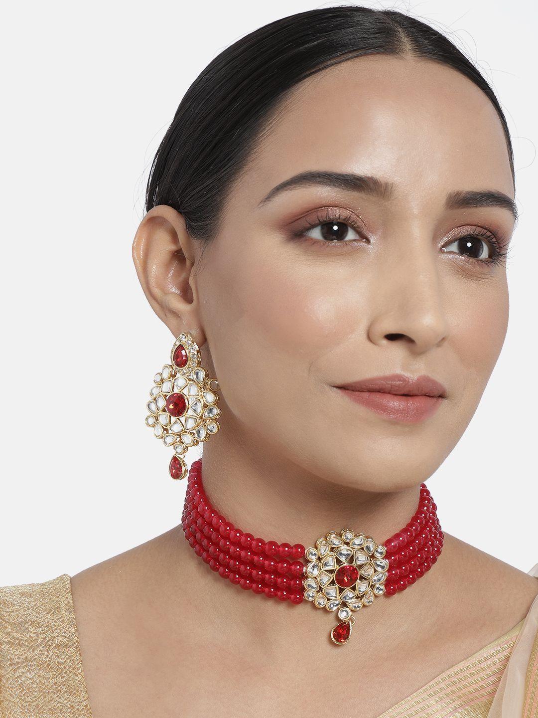 i jewels red gold plated kundan studded choker & earrings jewellery set