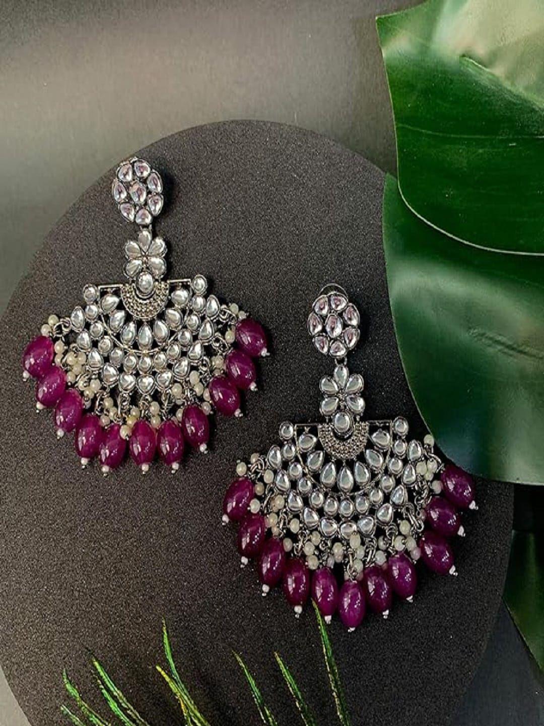 i jewels silver-plated contemporary kundan studded & beaded chandbalis