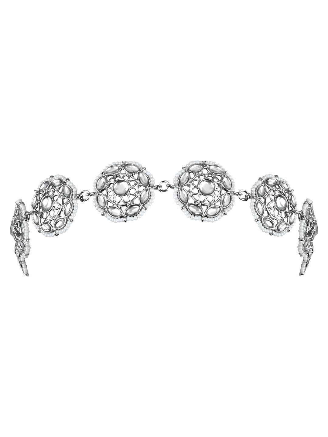 i jewels silver-plated kundan studded & beaded floral matha patti