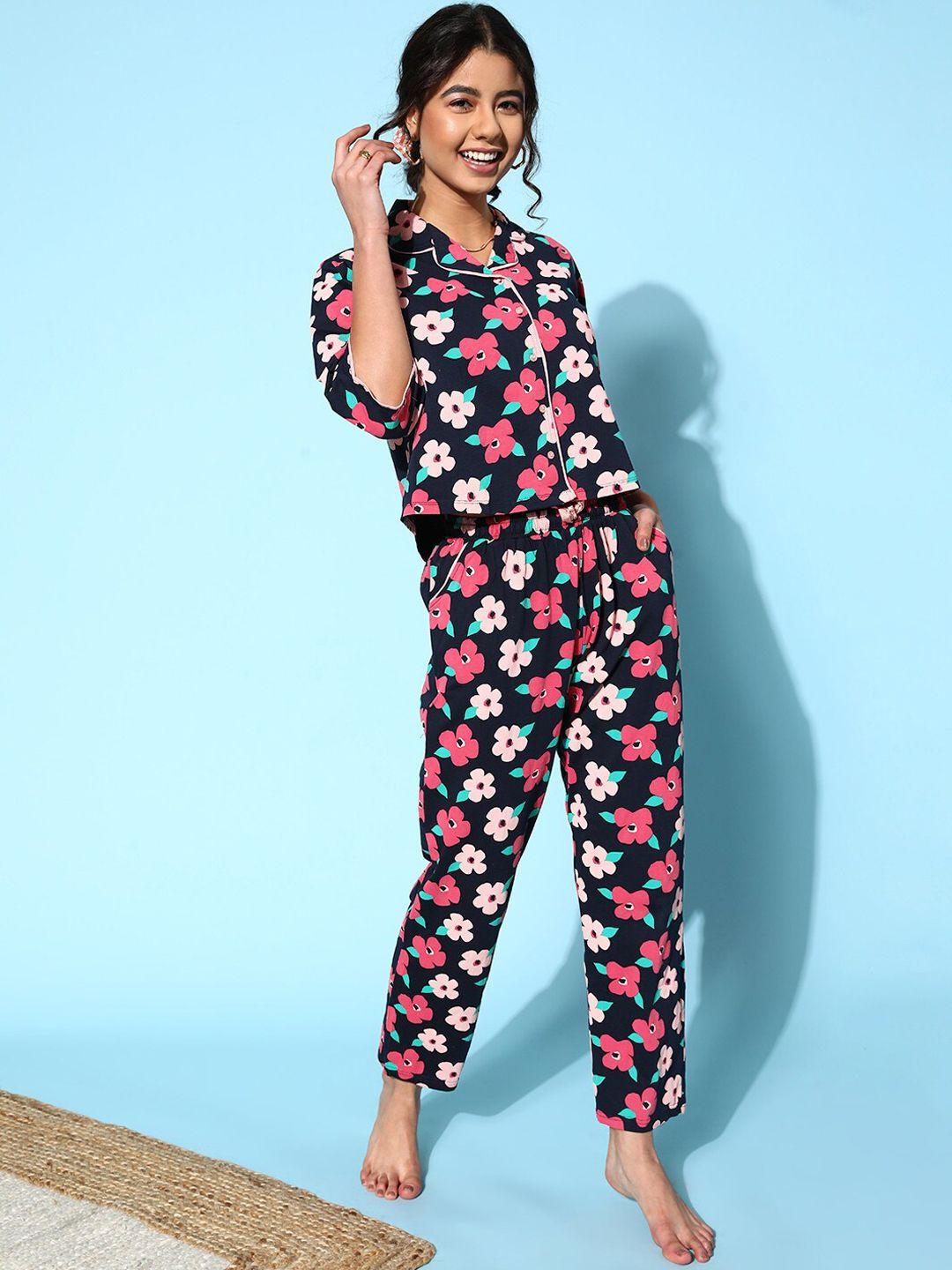 i like me black & pink floral printed pure cotton night suit