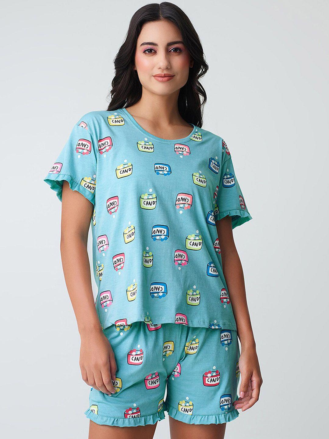 i like me blue conversational printed pure cotton night suit