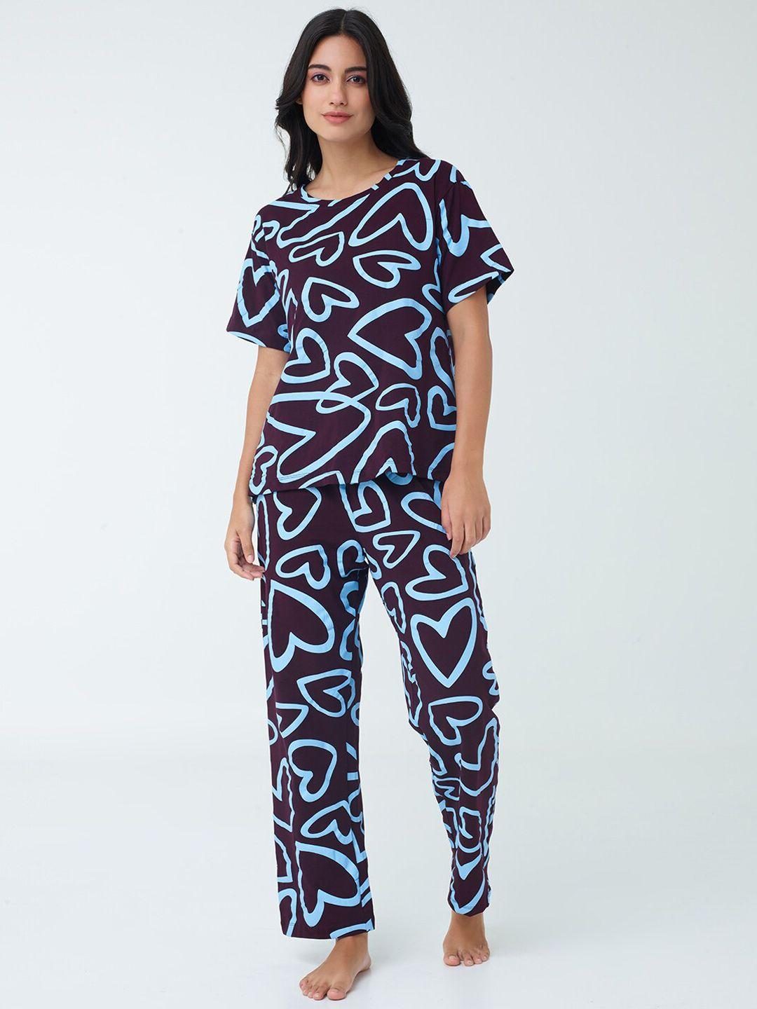 i like me blue heart printed pure cotton night suit