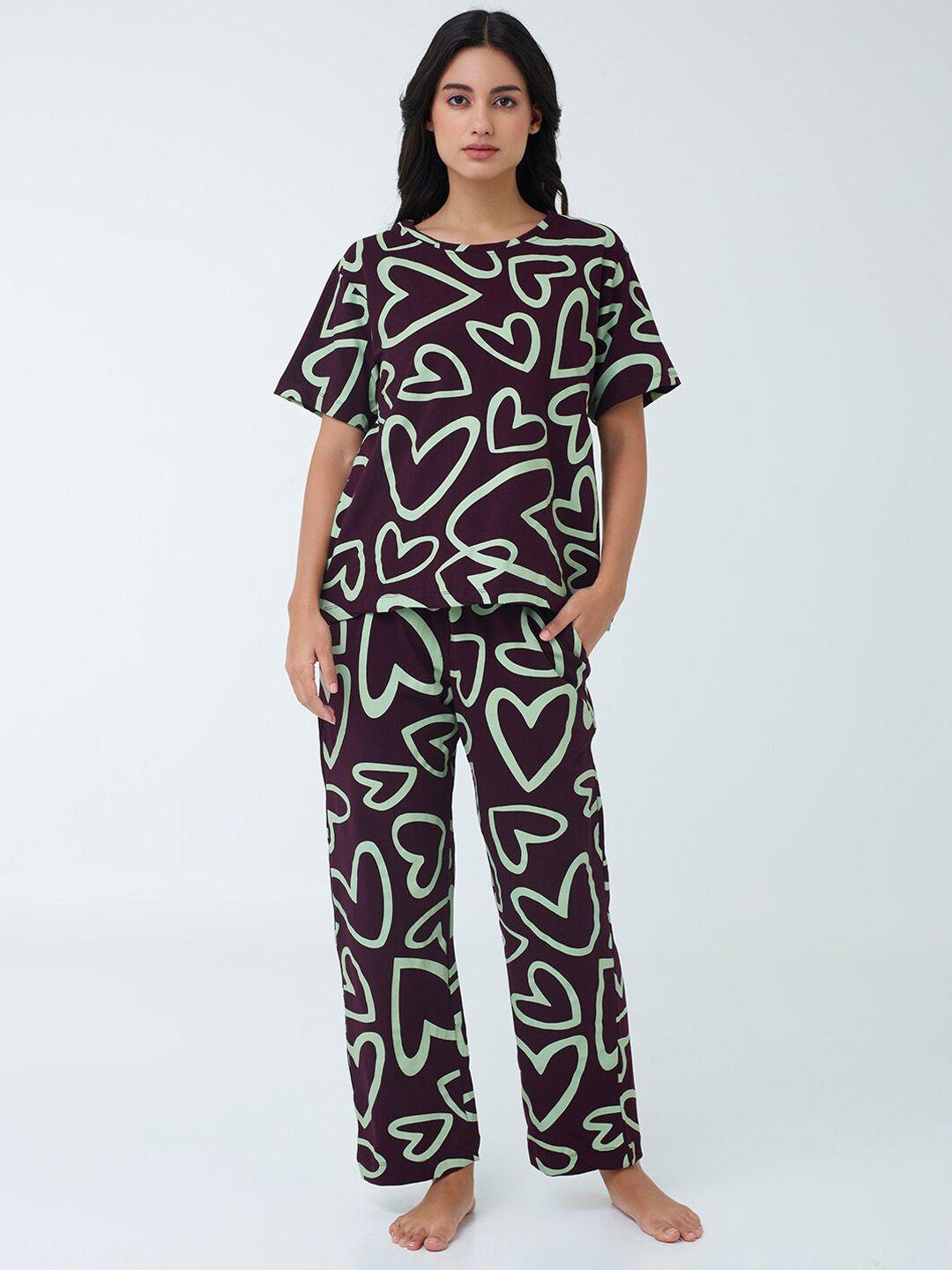 i like me green brown heart printed pure cotton night suit