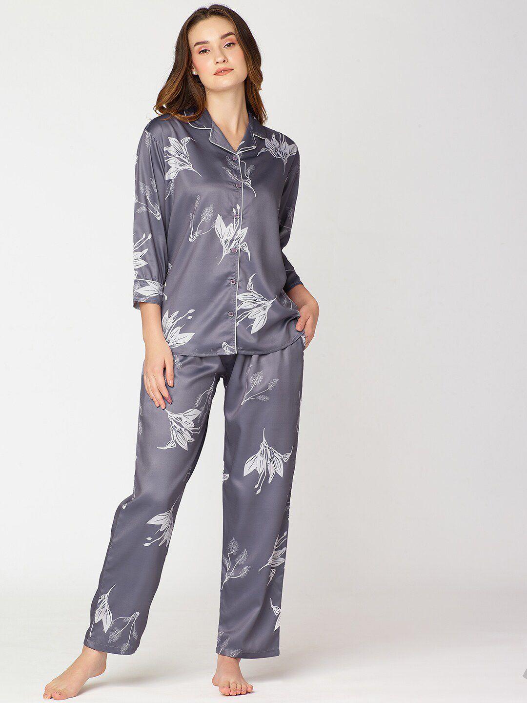 i like me grey & white floral printed satin night suit