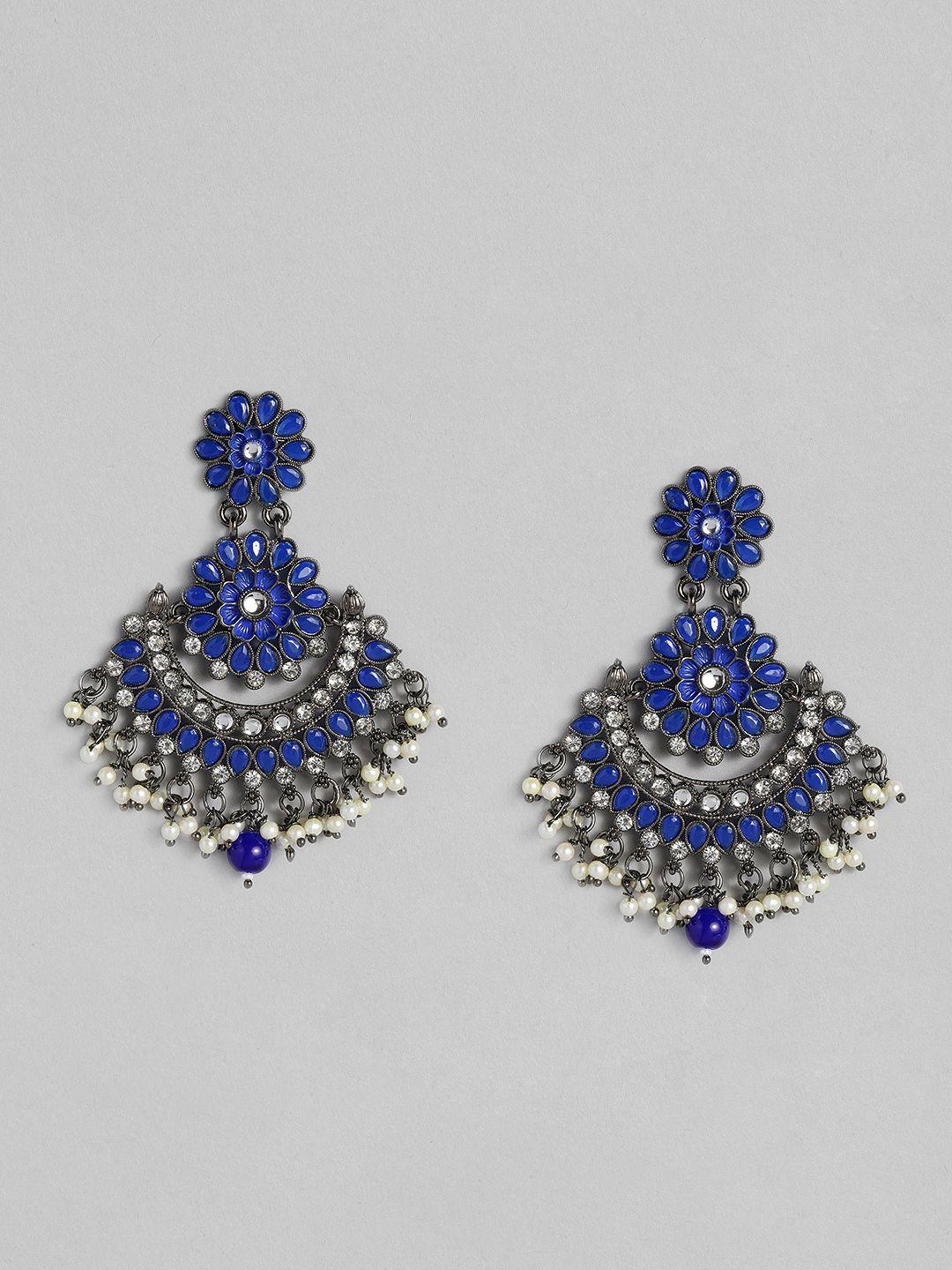 i jewels blue & white oxidized silver plated kundan & stone studded chandbali