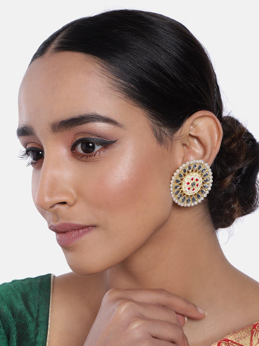 i jewels cream-coloured gold-plated kundan enamelled circular oversized stud earrings