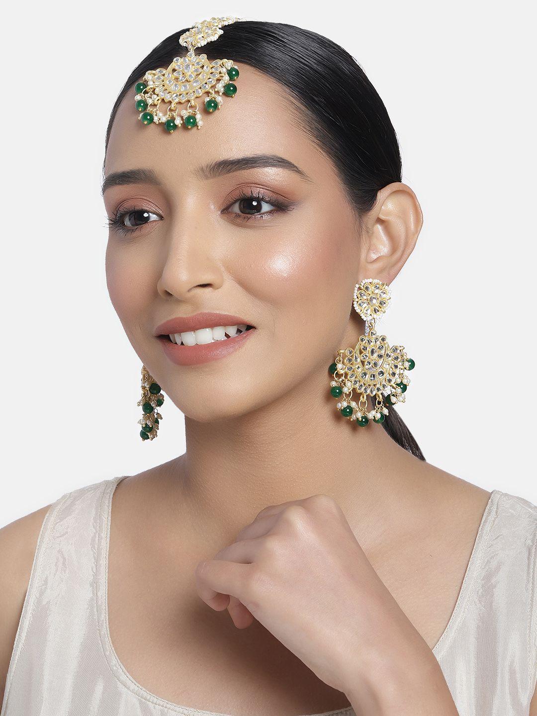 i jewels gold plated & green kundan pearl studded handcrafted maang tikka with earrings