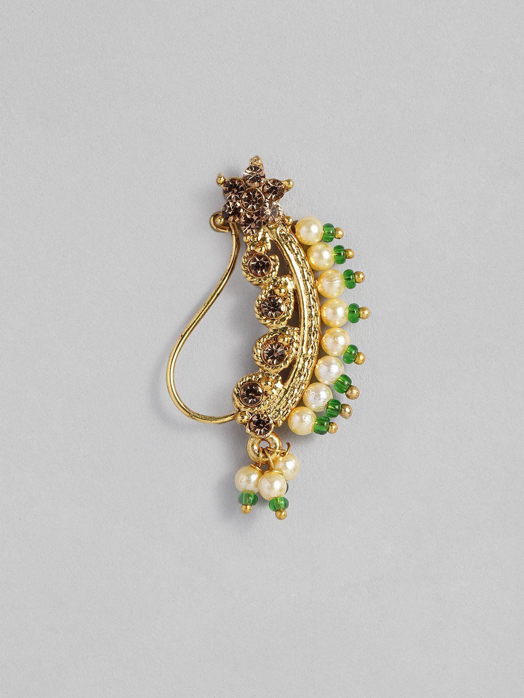 i jewels gold-plated & green pearl studded & beaded maharashtrian nosepin