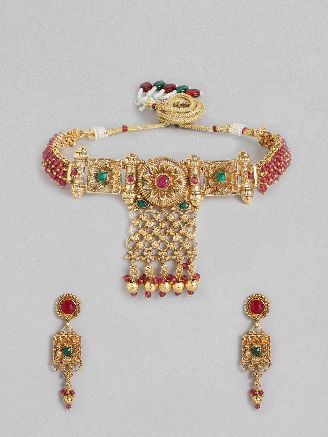 i jewels gold-plated & maroon choker jewellery set