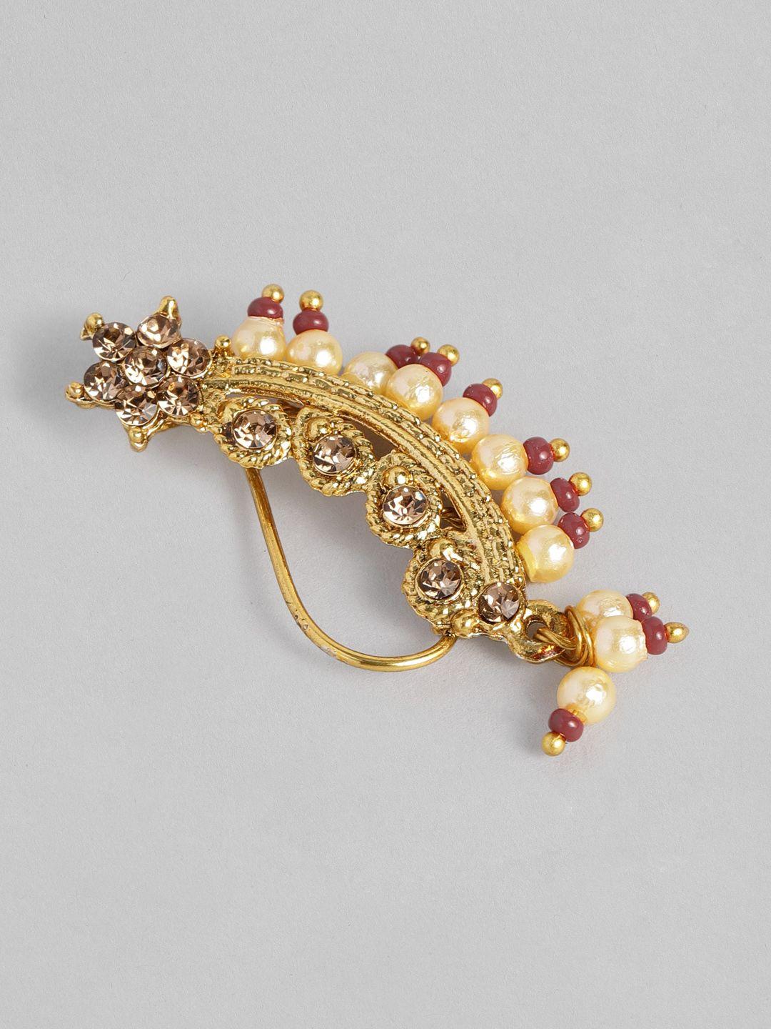 i jewels gold-plated & maroon pearl studded & beaded maharashtrian nosepin