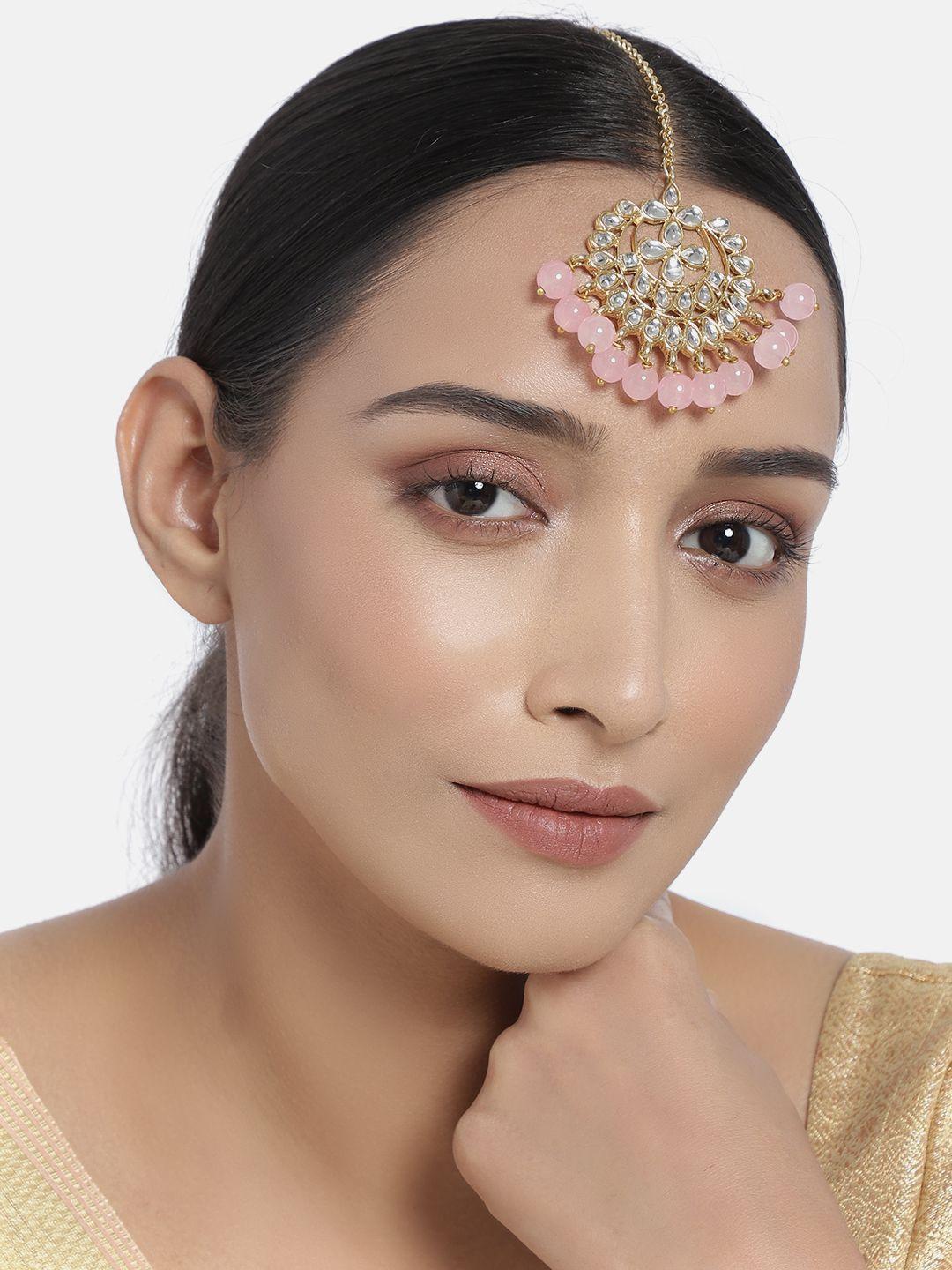 i jewels gold-plated & pink kundan & pearl studded handcrafted maang tika