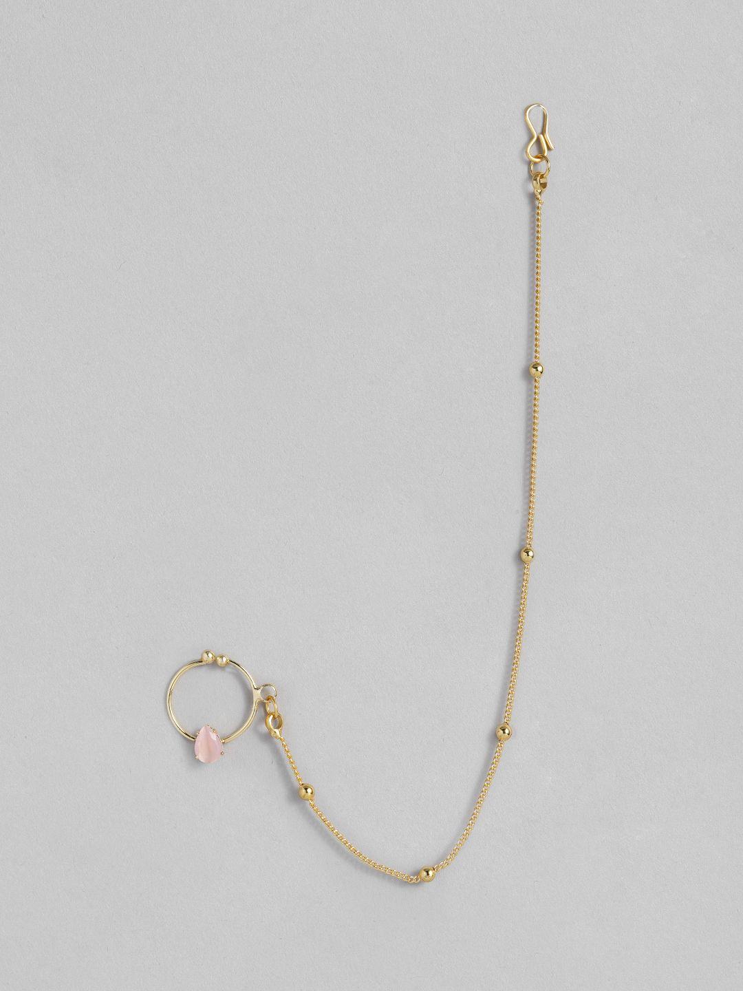 i jewels gold-plated & pink pearl studded & beaded chained nose ring