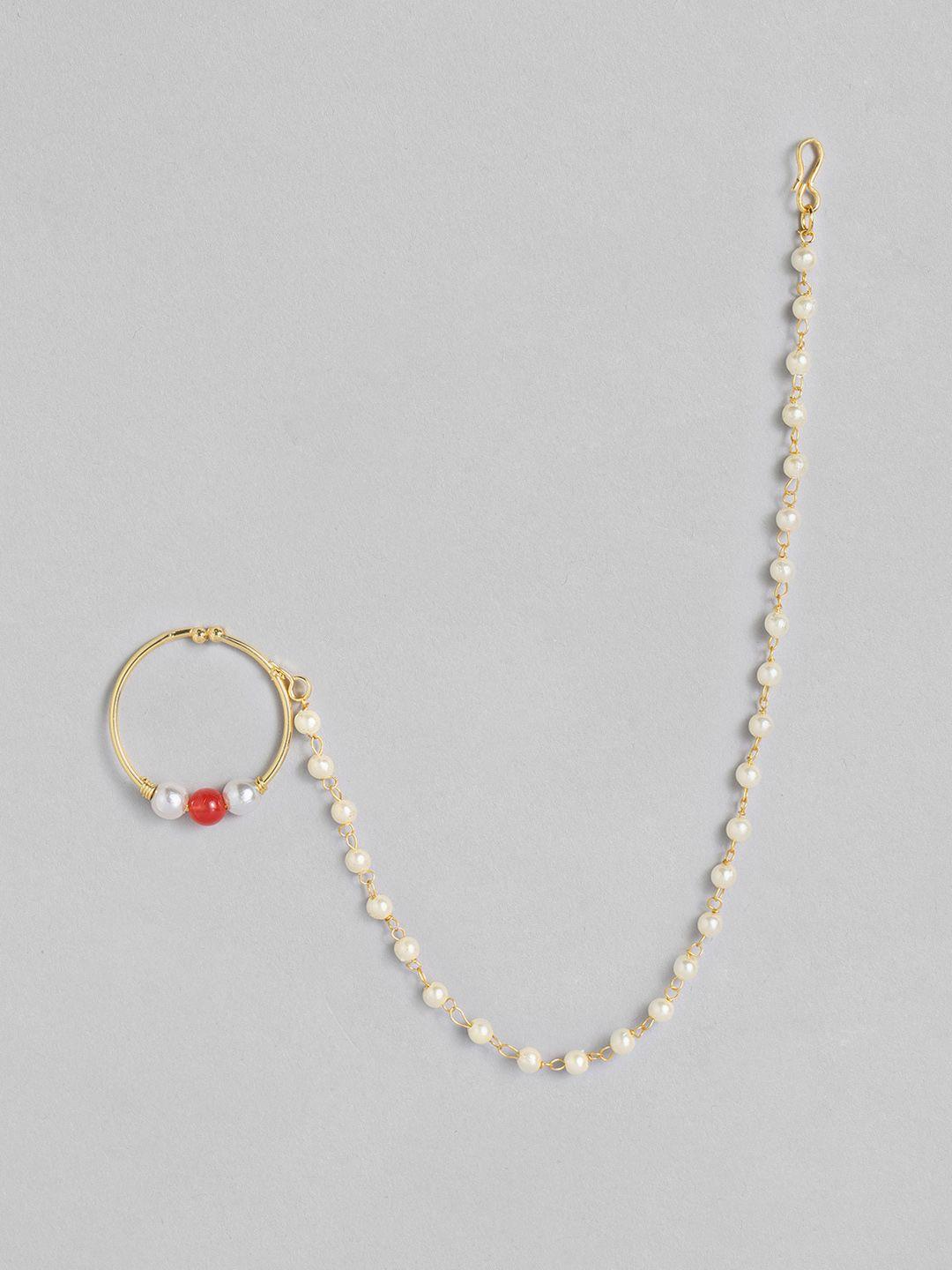 i jewels gold-plated & red pearl beaded chained nose ring