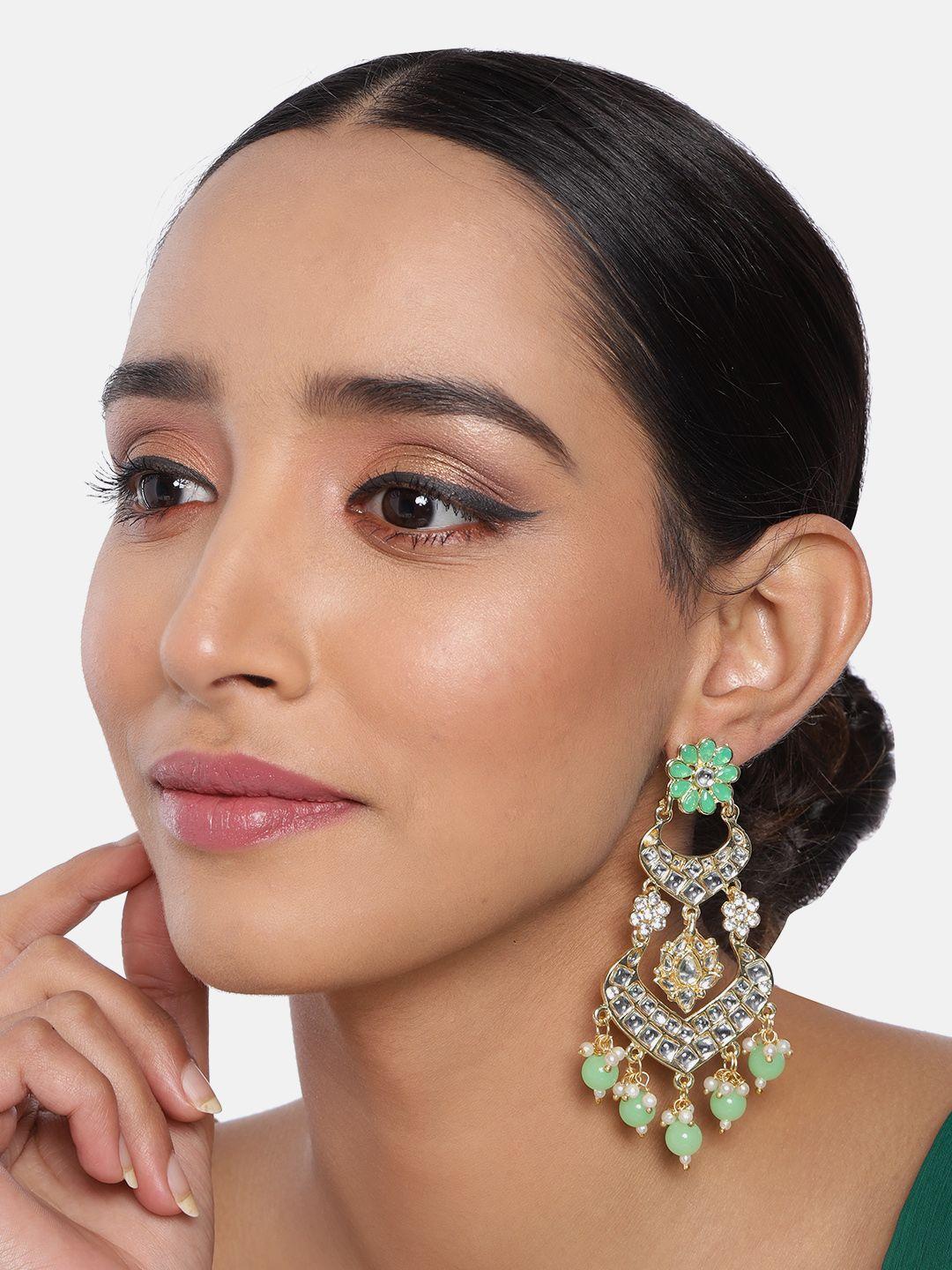 i jewels gold-plated & sea green enamelled and kundan studded classic drop earrings
